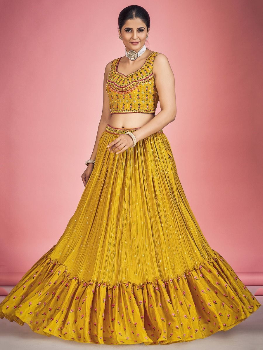 Yellow Pakistani Georgette Lehenga Choli For Indian Festivals & Weddings - Thread Embroidery Work, Mirror Work