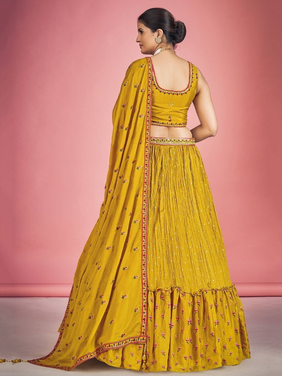 Yellow Pakistani Georgette Lehenga Choli For Indian Festivals & Weddings - Thread Embroidery Work, Mirror Work
