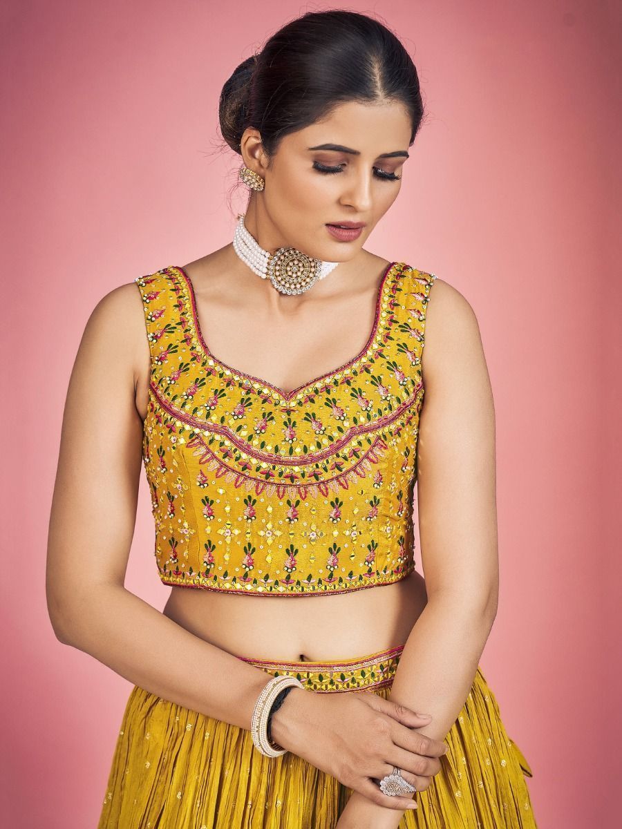 Yellow Pakistani Georgette Lehenga Choli For Indian Festivals & Weddings - Thread Embroidery Work, Mirror Work