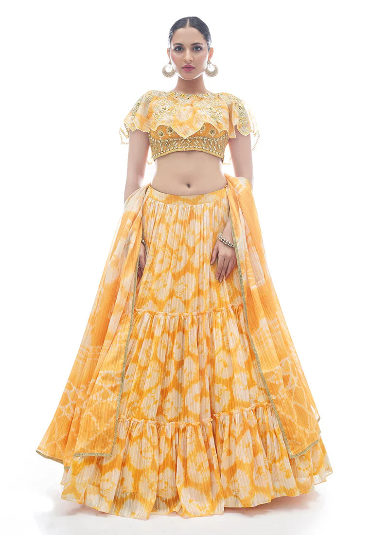 Yellow Pakistani Jacquard Lehenga Choli For Indian Festival & Weddings - Thread Embroidery Work,