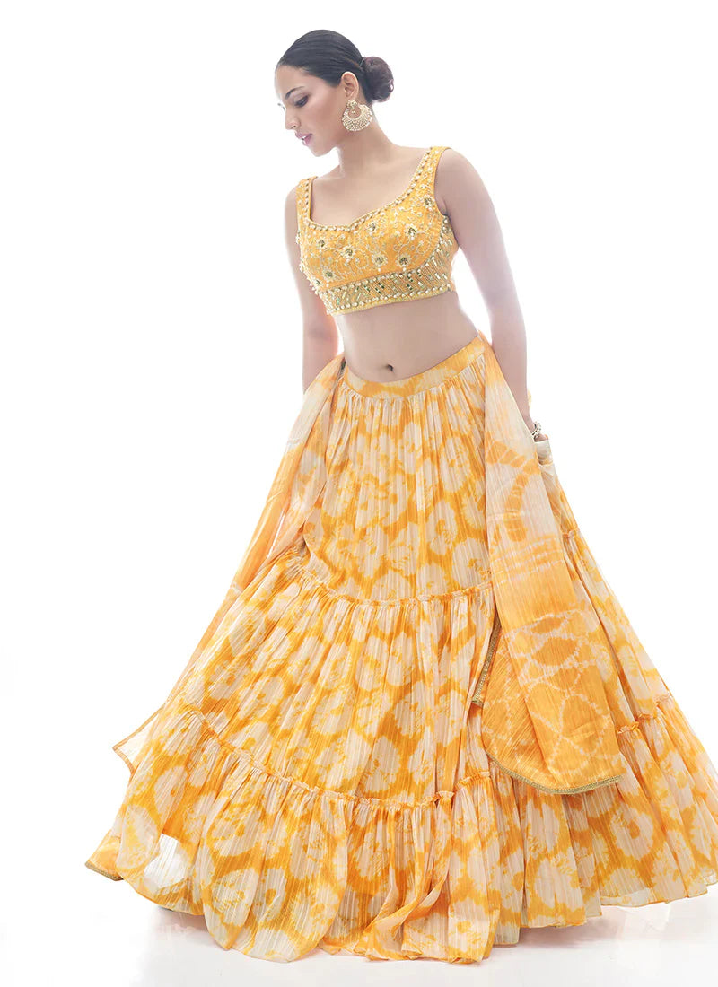 Yellow Pakistani Jacquard Lehenga Choli For Indian Festival & Weddings - Thread Embroidery Work,