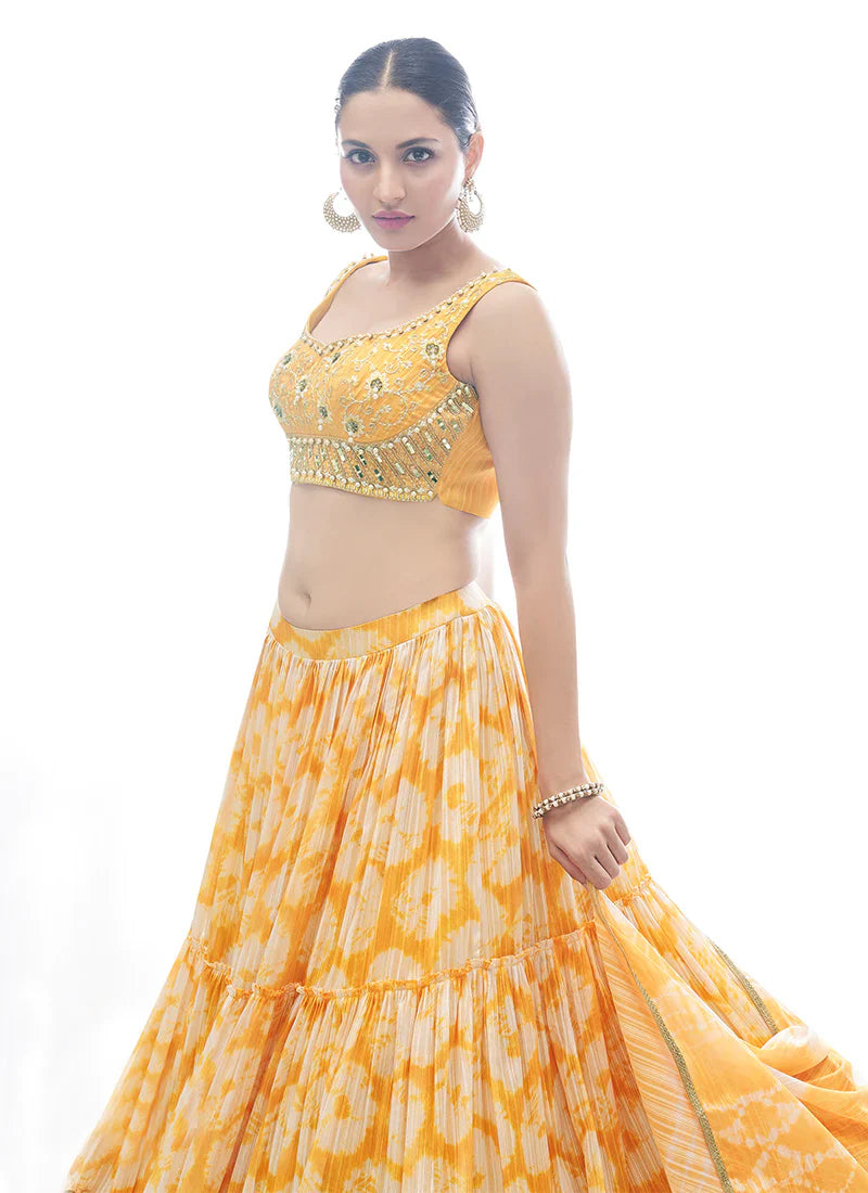 Yellow Pakistani Jacquard Lehenga Choli For Indian Festival & Weddings - Thread Embroidery Work,