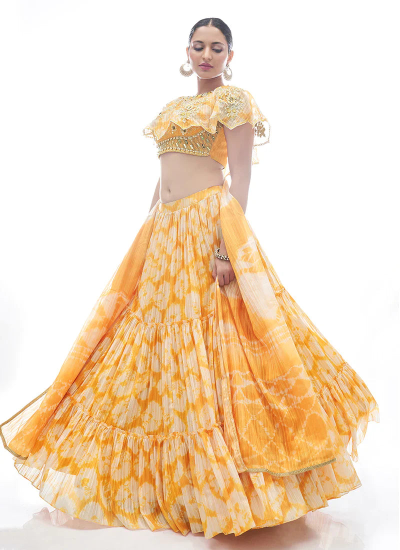 Yellow Pakistani Jacquard Lehenga Choli For Indian Festival & Weddings - Thread Embroidery Work,