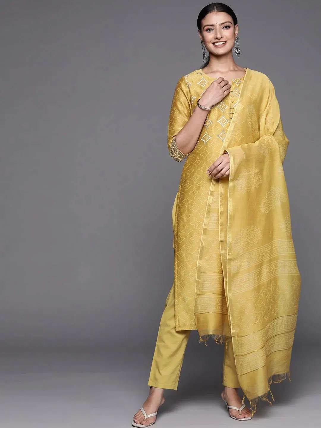Anouk Yellow Printed Chanderi Silk Straight Kurta With Dupatta
