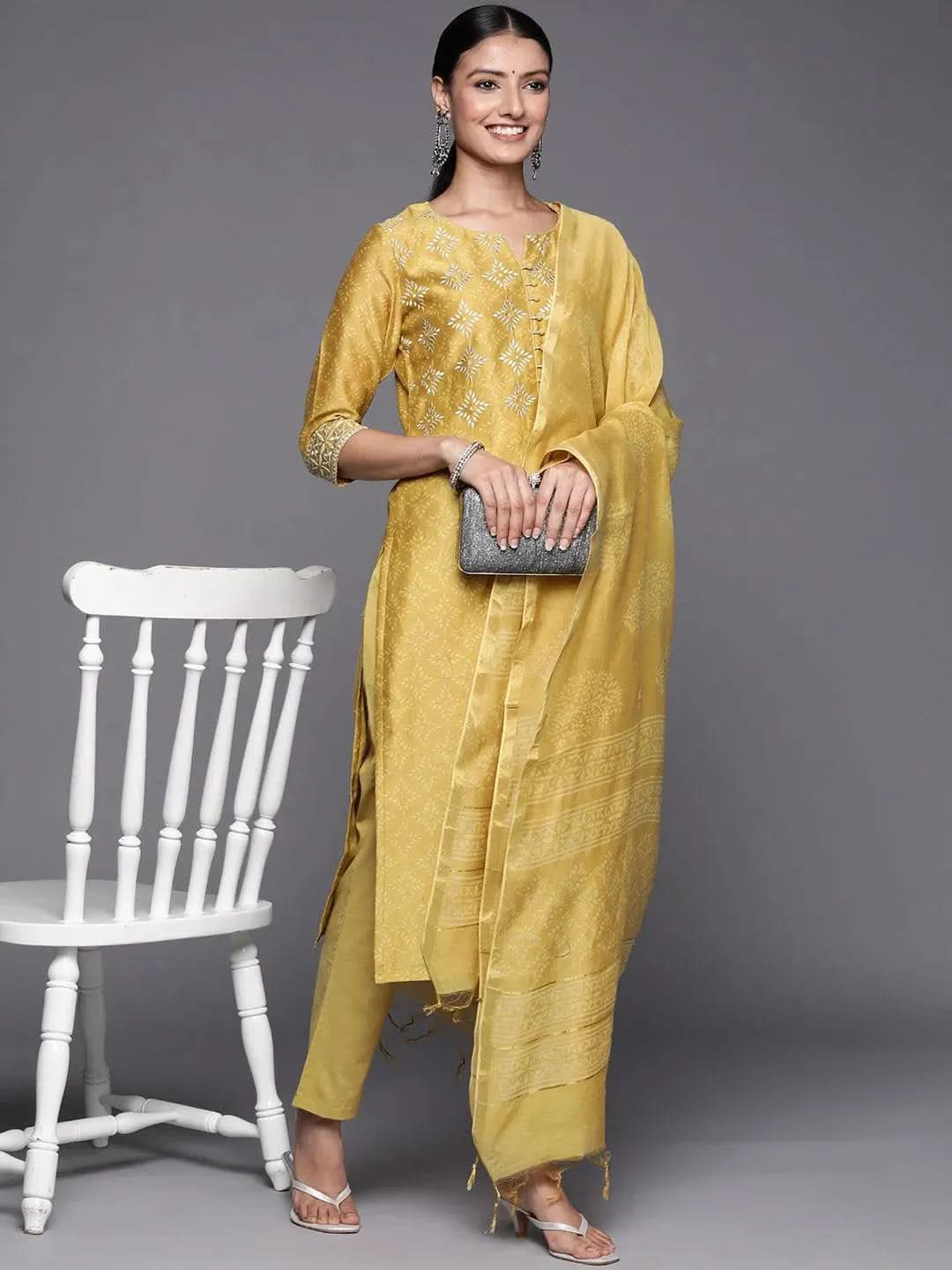 Anouk Yellow Printed Chanderi Silk Straight Kurta With Dupatta