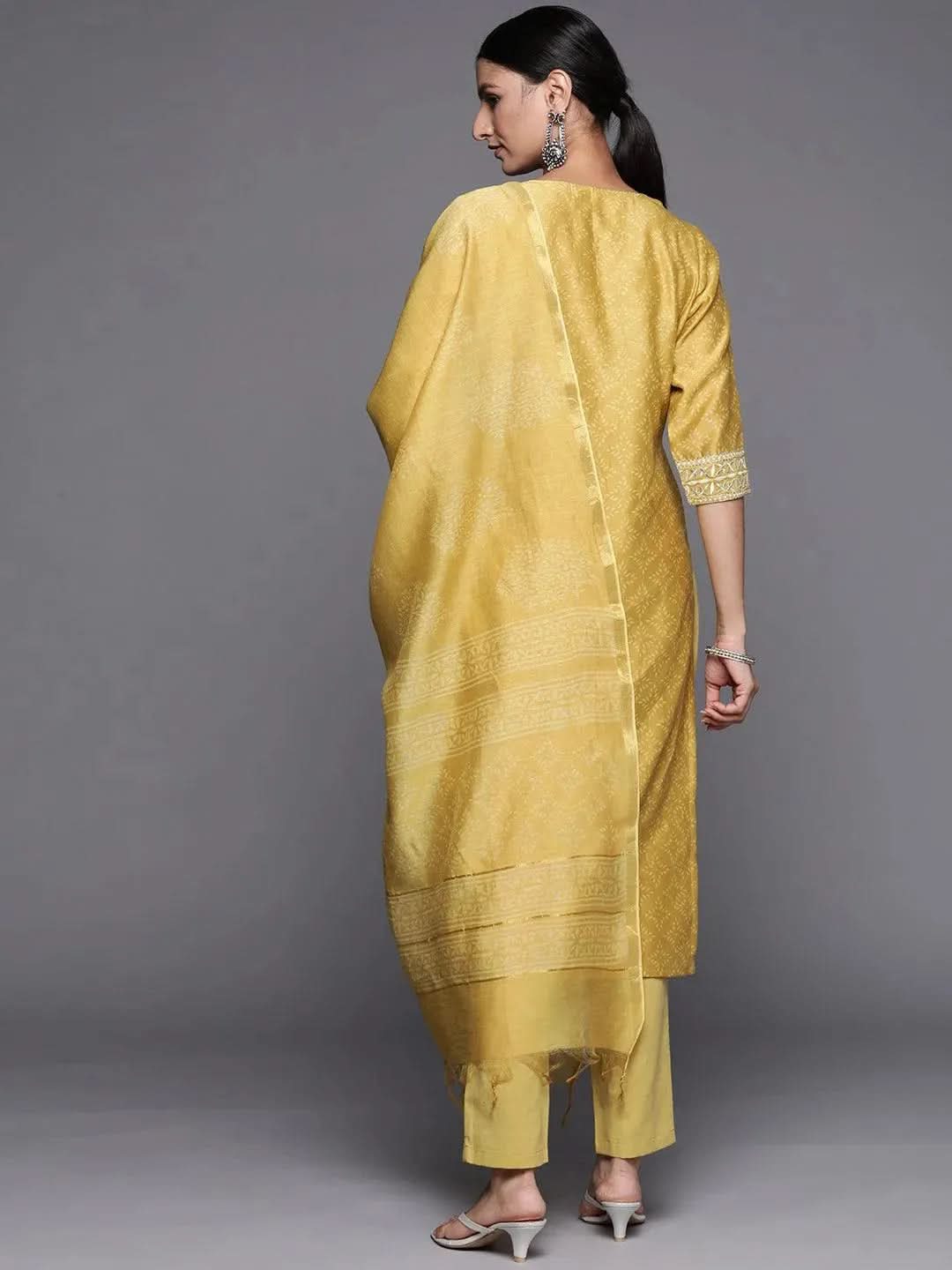 Anouk Yellow Printed Chanderi Silk Straight Kurta With Dupatta