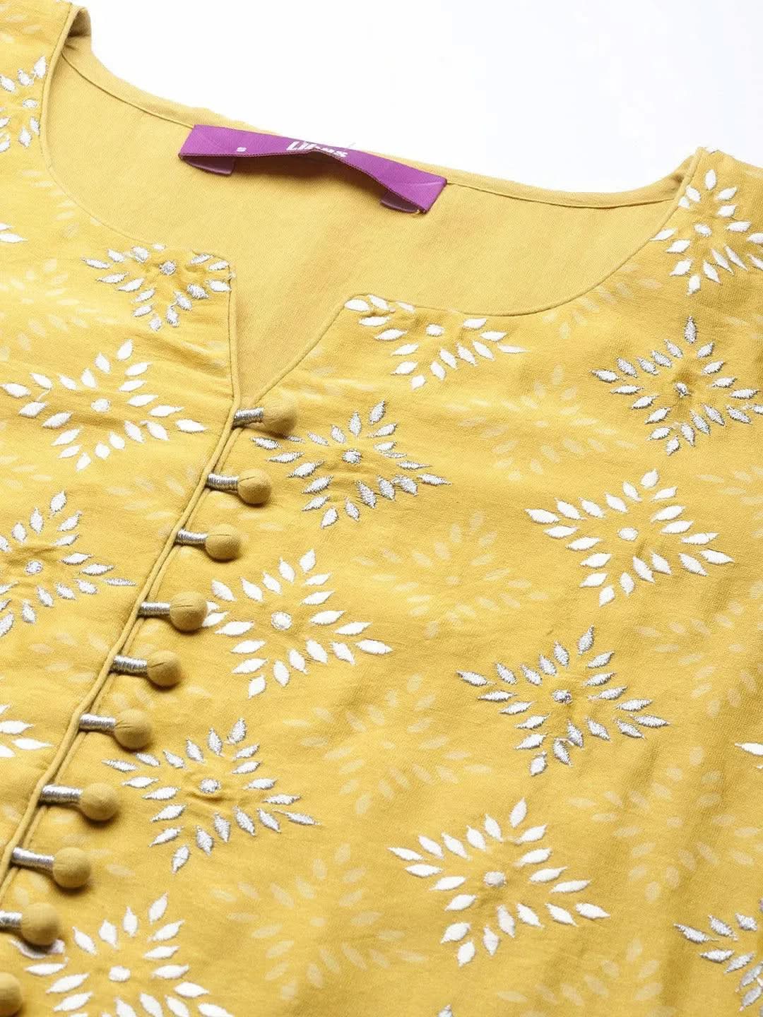 Anouk Yellow Printed Chanderi Silk Straight Kurta With Dupatta