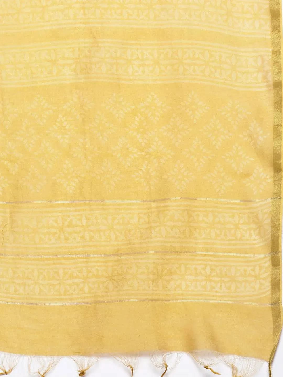 Anouk Yellow Printed Chanderi Silk Straight Kurta With Dupatta