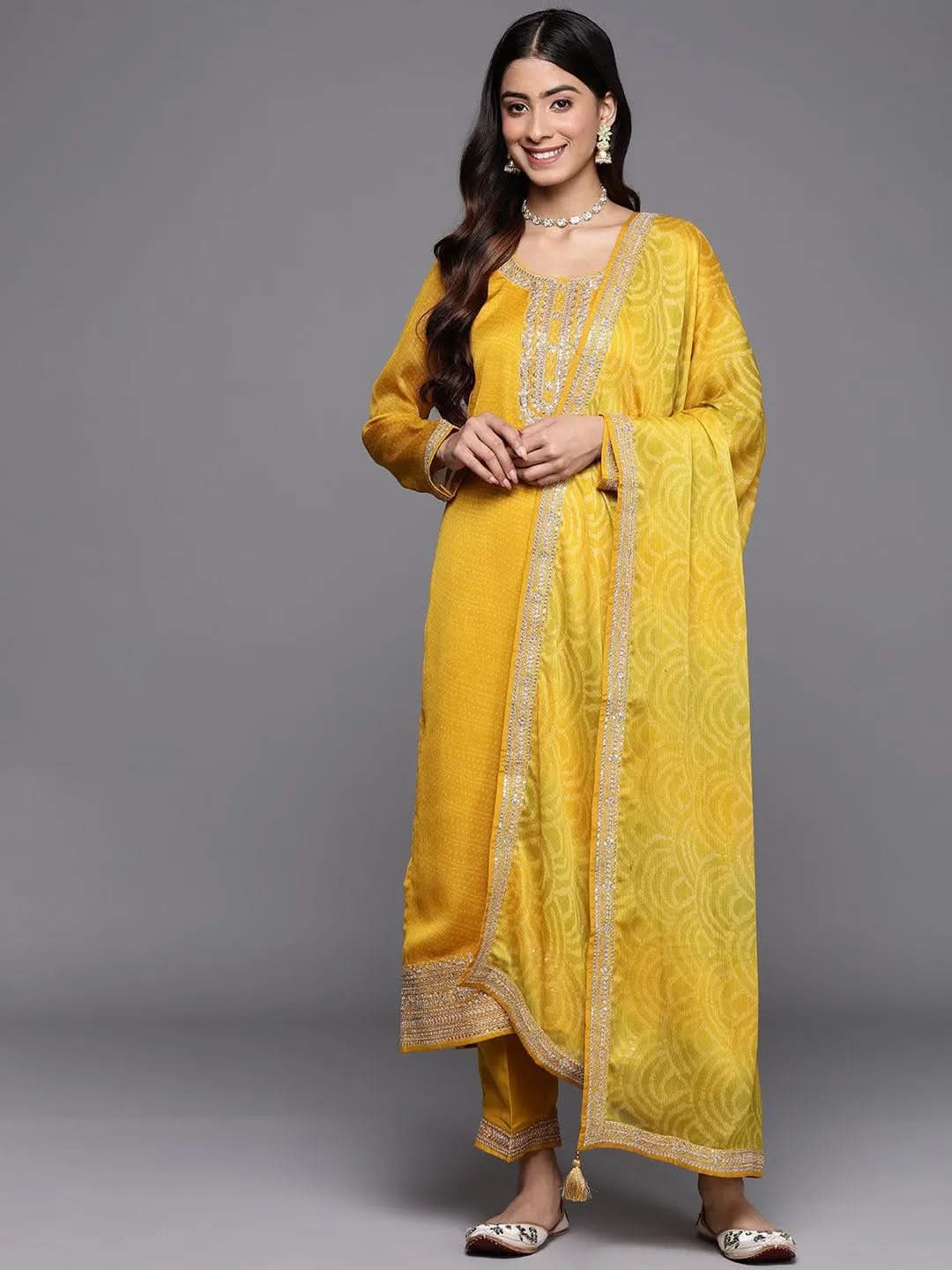 Anouk Yellow Printed Chiffon Straight Kurta With Trousers & Dupatta