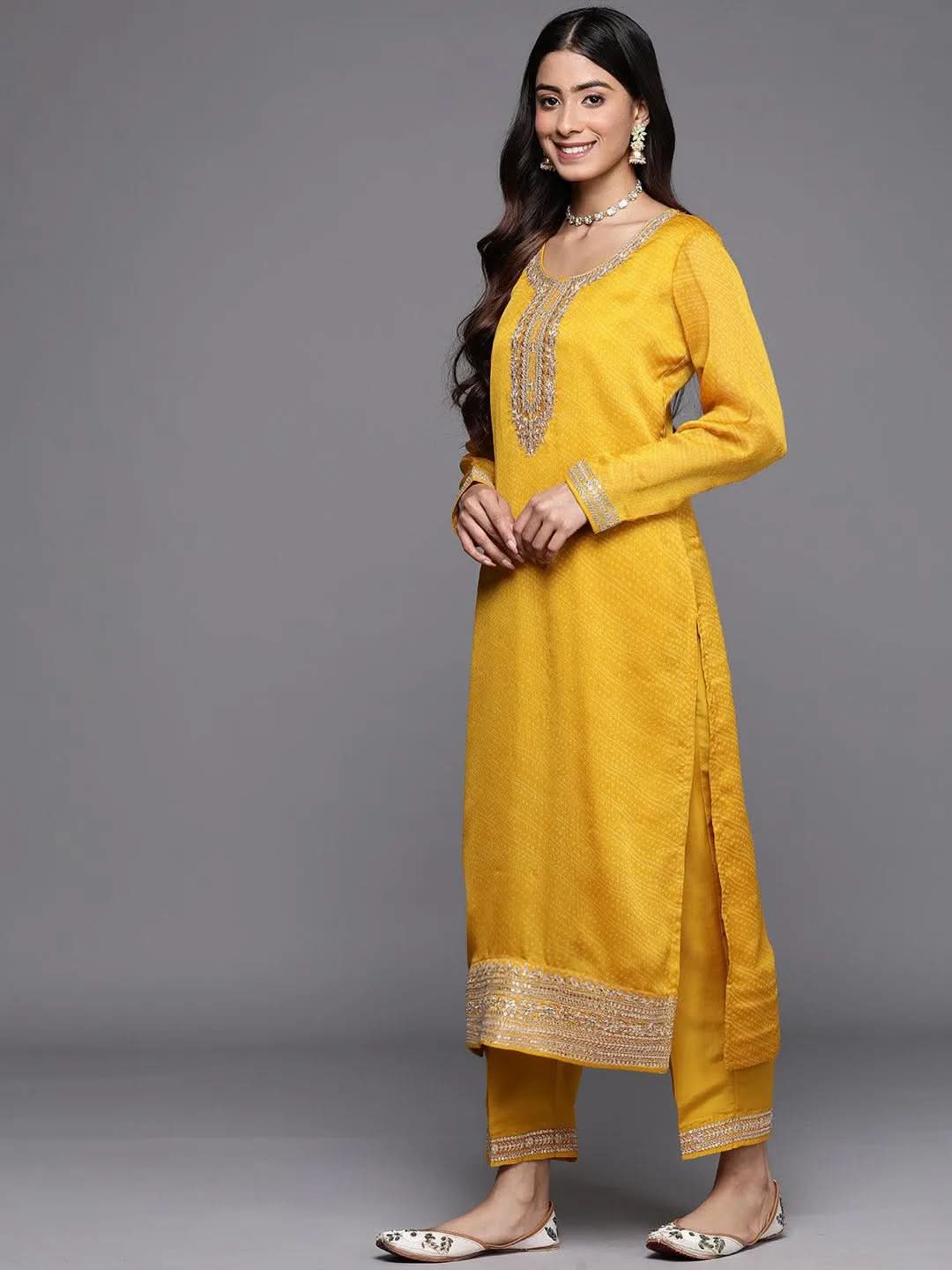 Anouk Yellow Printed Chiffon Straight Kurta With Trousers & Dupatta