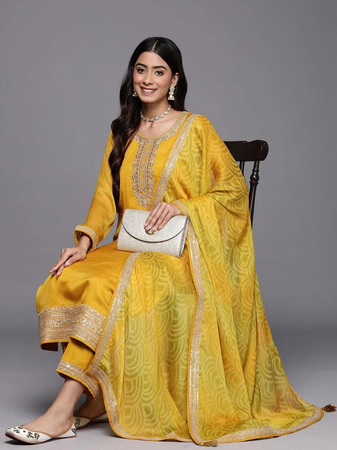 Anouk Yellow Printed Chiffon Straight Kurta With Trousers & Dupatta