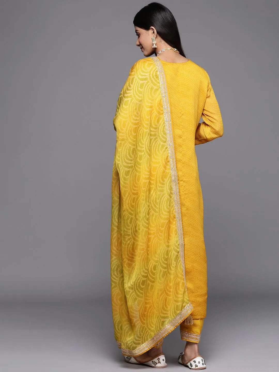 Anouk Yellow Printed Chiffon Straight Kurta With Trousers & Dupatta