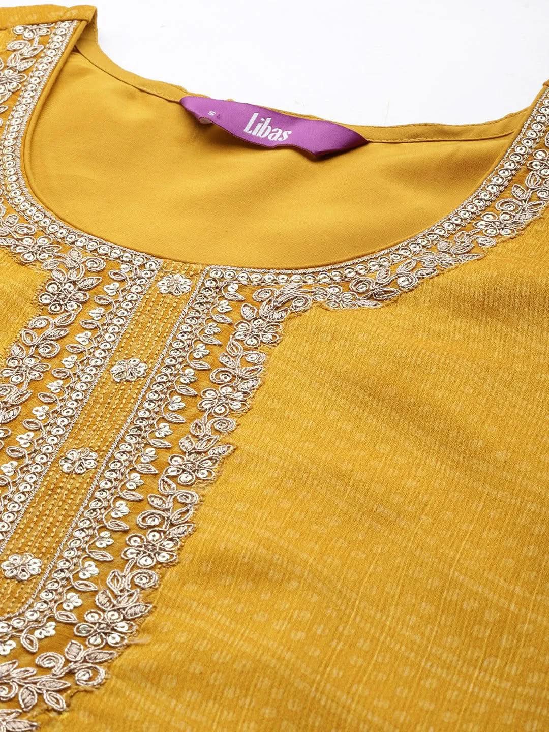 Anouk Yellow Printed Chiffon Straight Kurta With Trousers & Dupatta