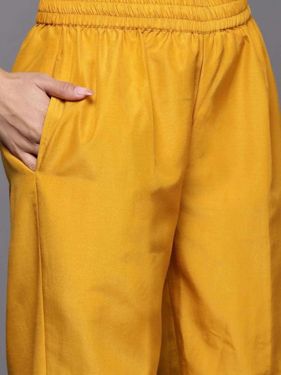 Anouk Yellow Printed Chiffon Straight Kurta With Trousers & Dupatta