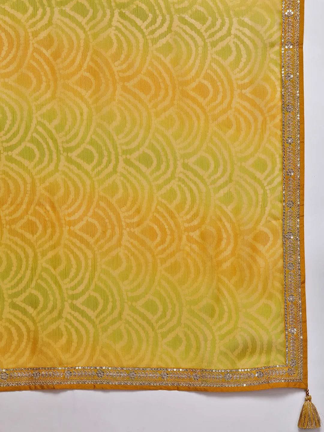 Anouk Yellow Printed Chiffon Straight Kurta With Trousers & Dupatta