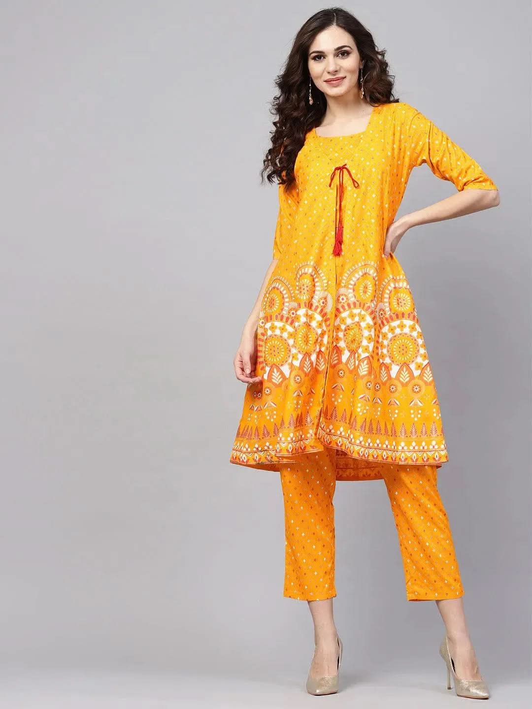 Anouk Yellow Printed Cotton A-Line Top With Jacket