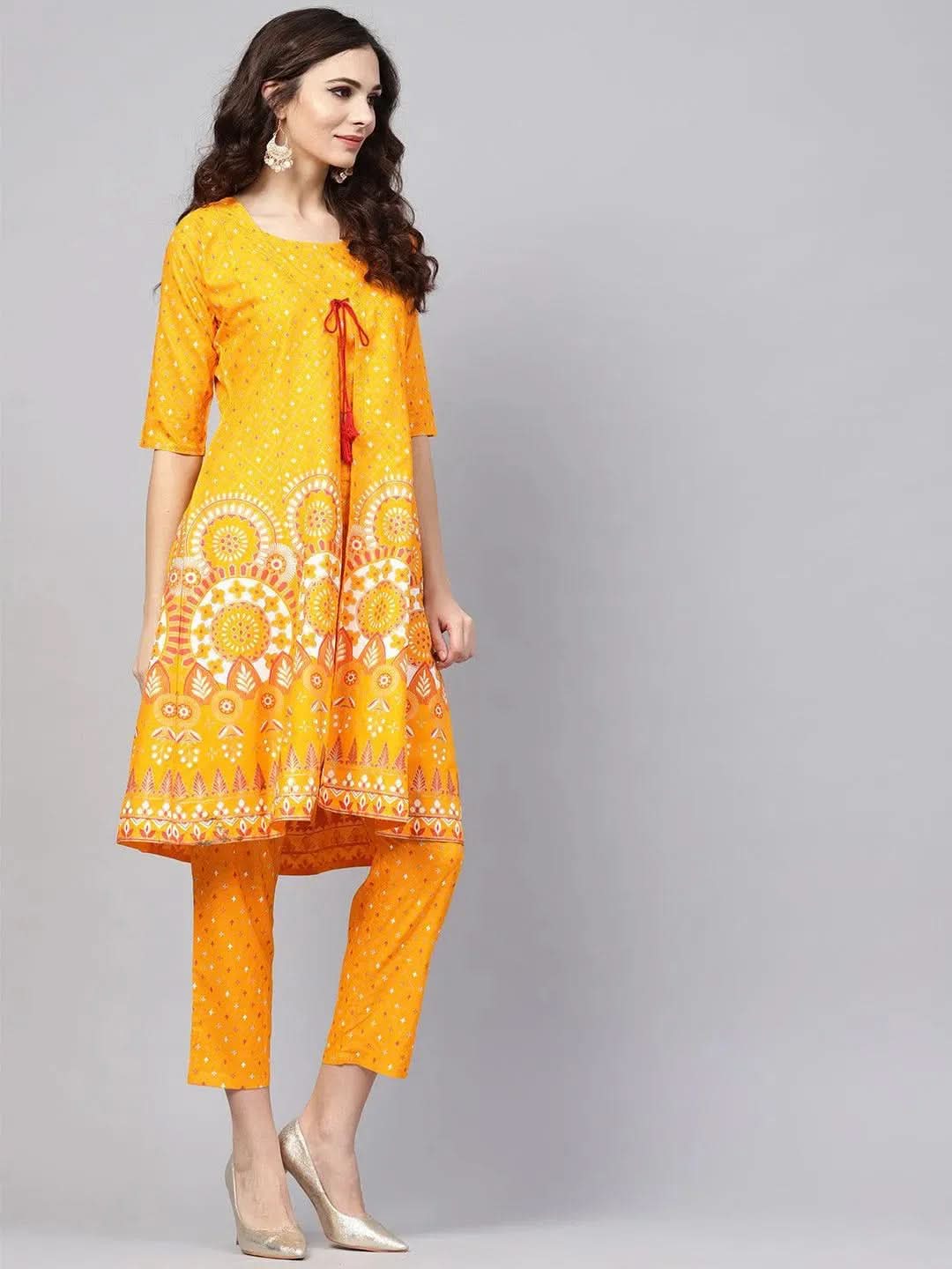 Anouk Yellow Printed Cotton A-Line Top With Jacket
