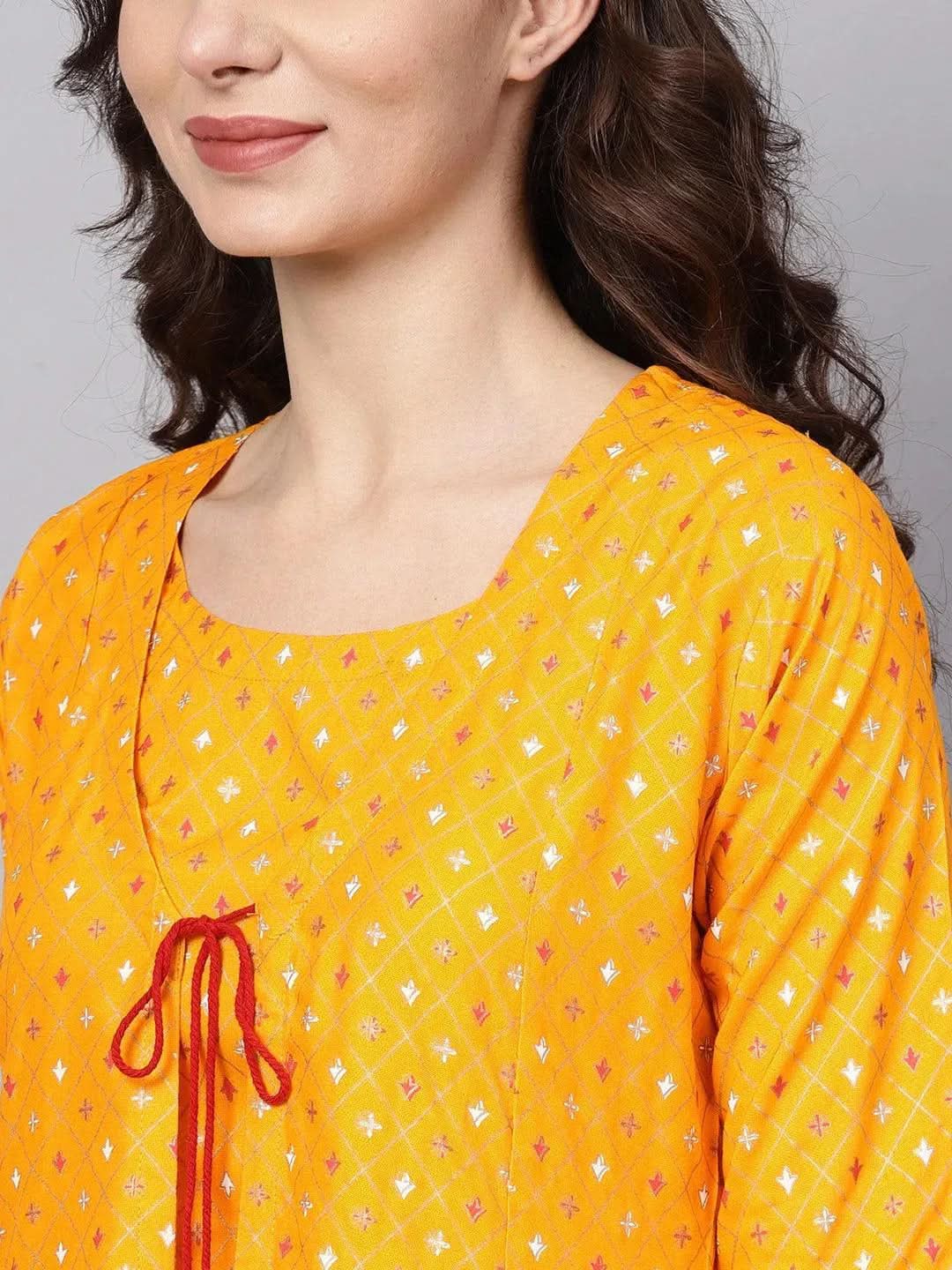Anouk Yellow Printed Cotton A-Line Top With Jacket