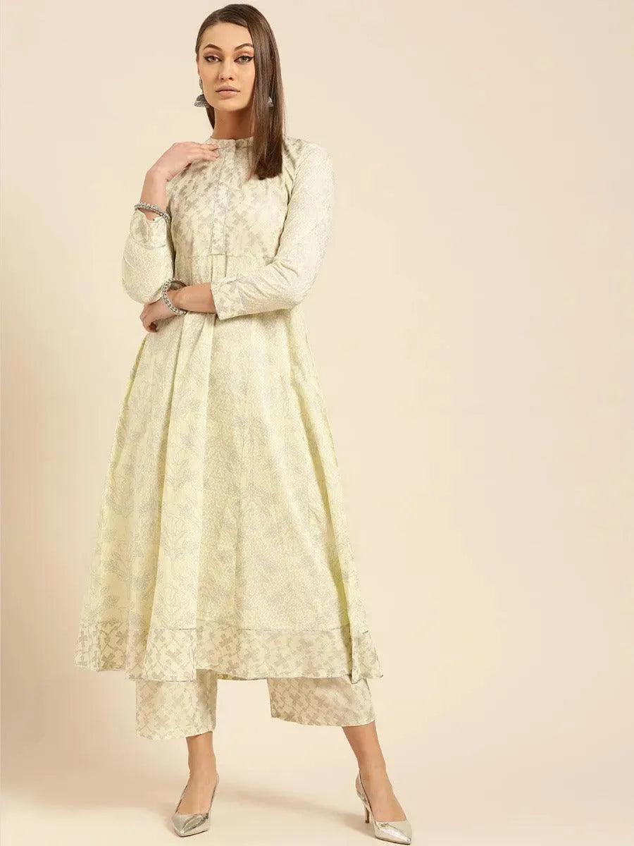 Anouk Yellow Printed Cotton Anarkali Kurta With Palazzos