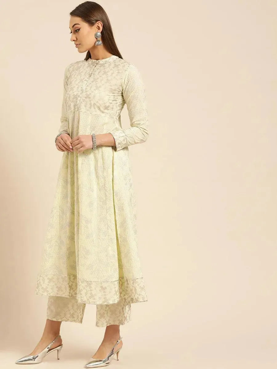 Anouk Yellow Printed Cotton Anarkali Kurta With Palazzos