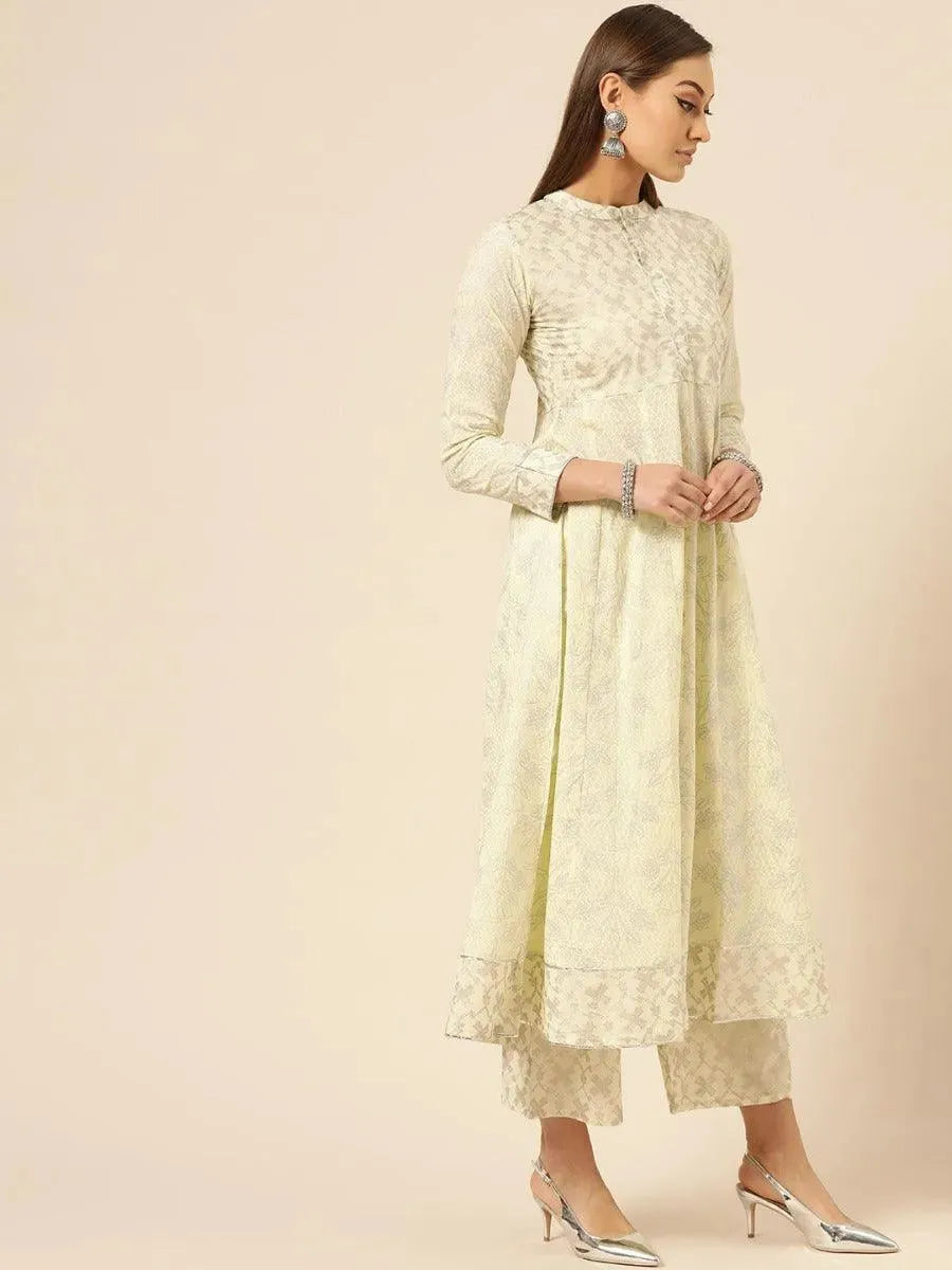 Anouk Yellow Printed Cotton Anarkali Kurta With Palazzos