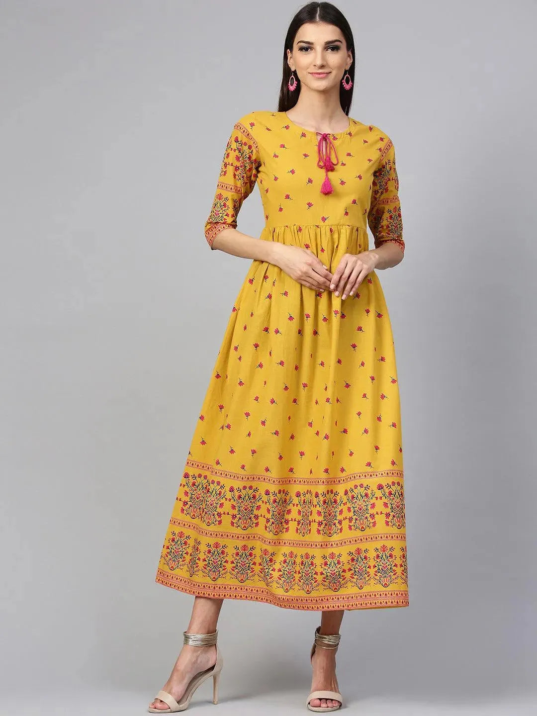 Anouk Yellow Printed Cotton Dress