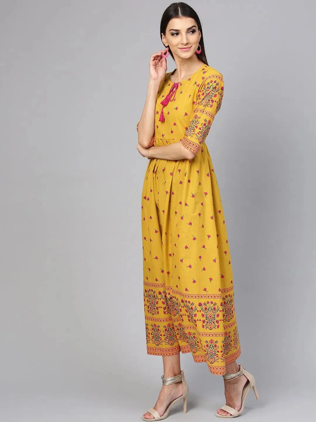 Anouk Yellow Printed Cotton Dress