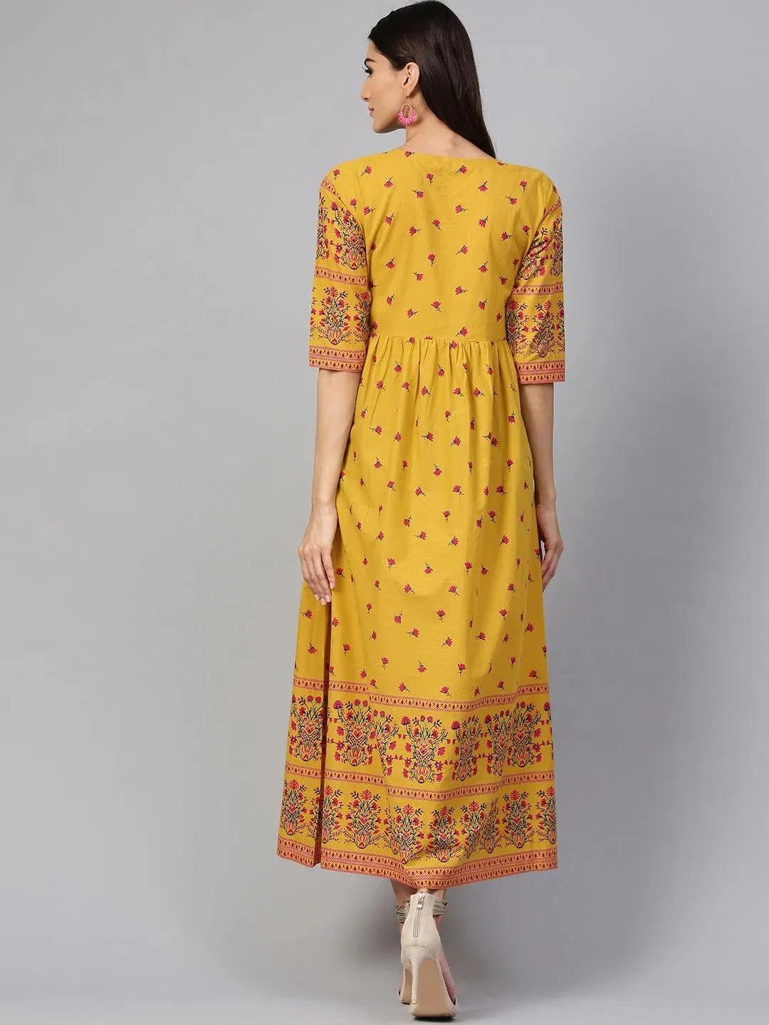 Anouk Yellow Printed Cotton Dress