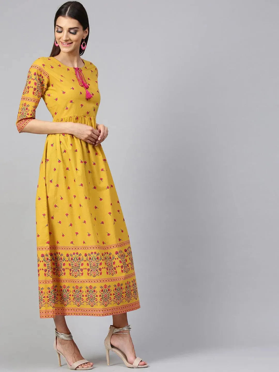 Anouk Yellow Printed Cotton Dress