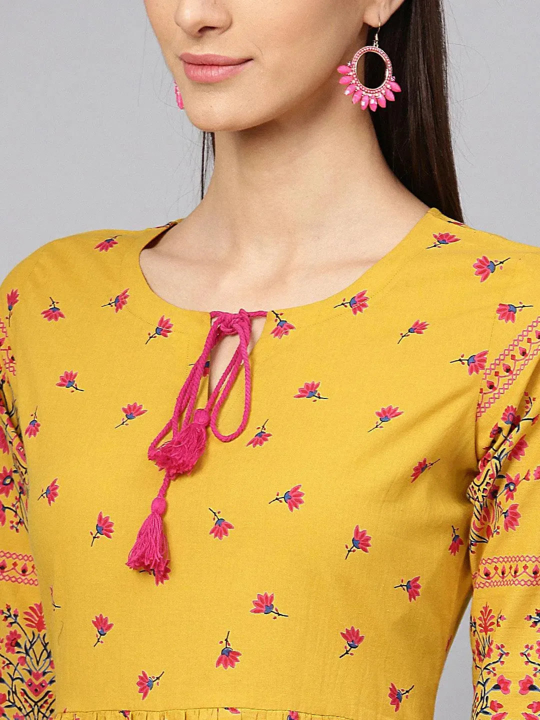 Anouk Yellow Printed Cotton Dress