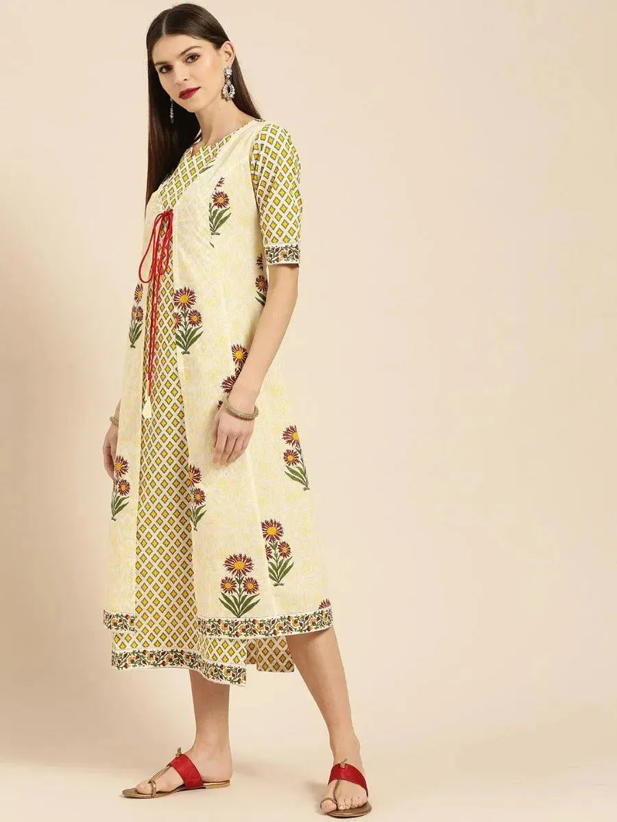 Anouk Yellow Printed Cotton Dress With Jacket