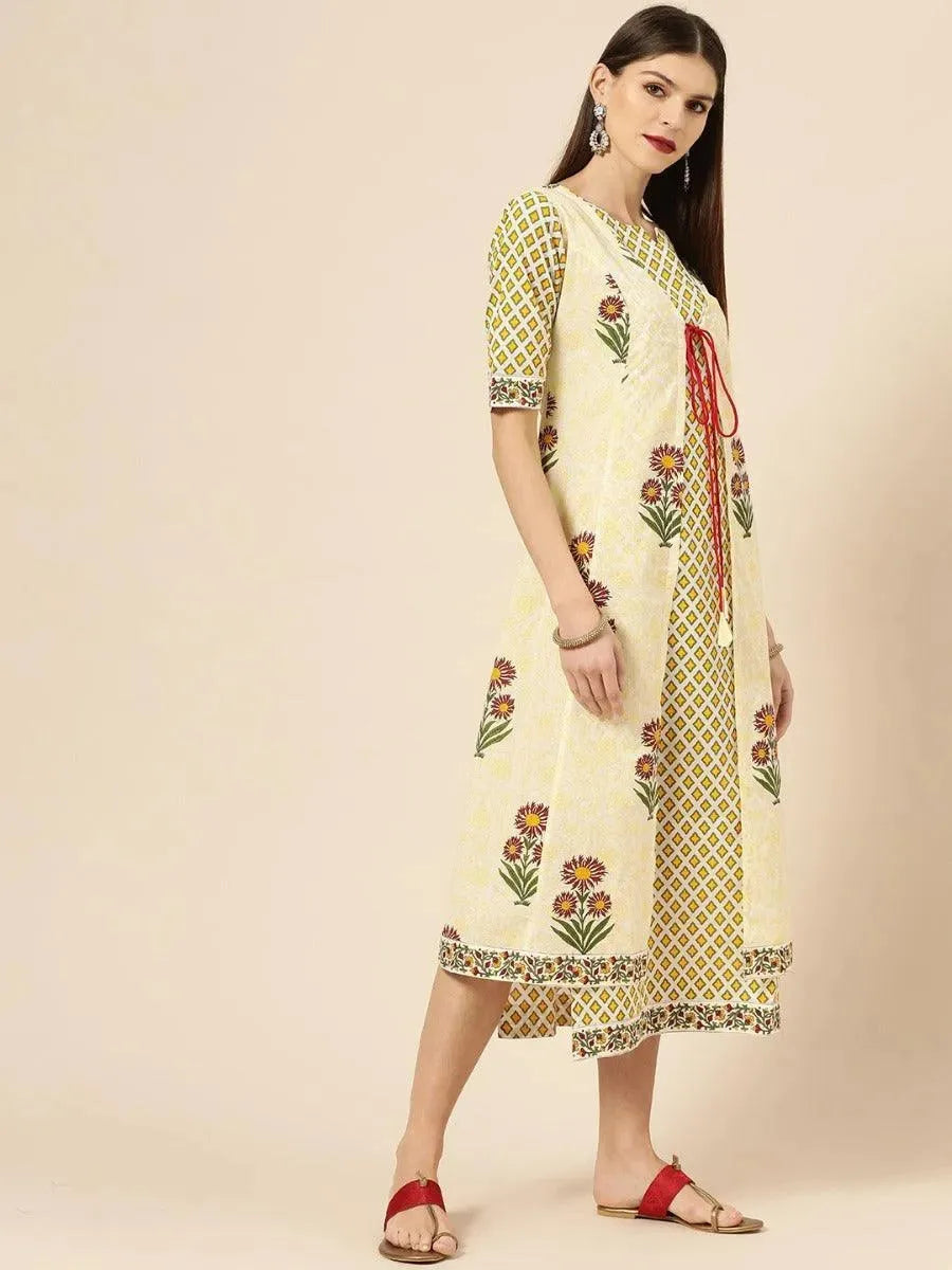 Anouk Yellow Printed Cotton Dress With Jacket