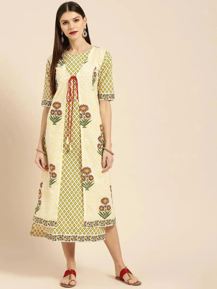 Anouk Yellow Printed Cotton Dress With Jacket