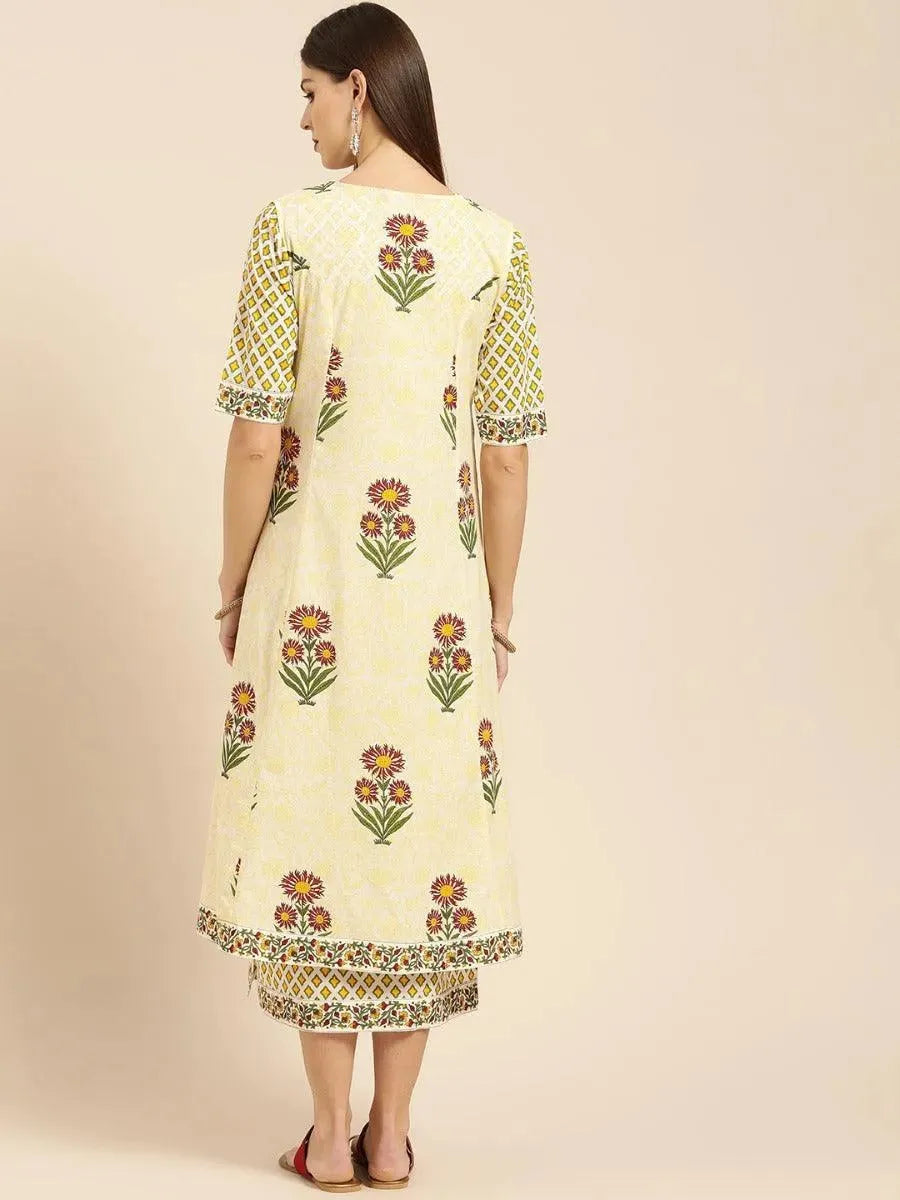 Anouk Yellow Printed Cotton Dress With Jacket