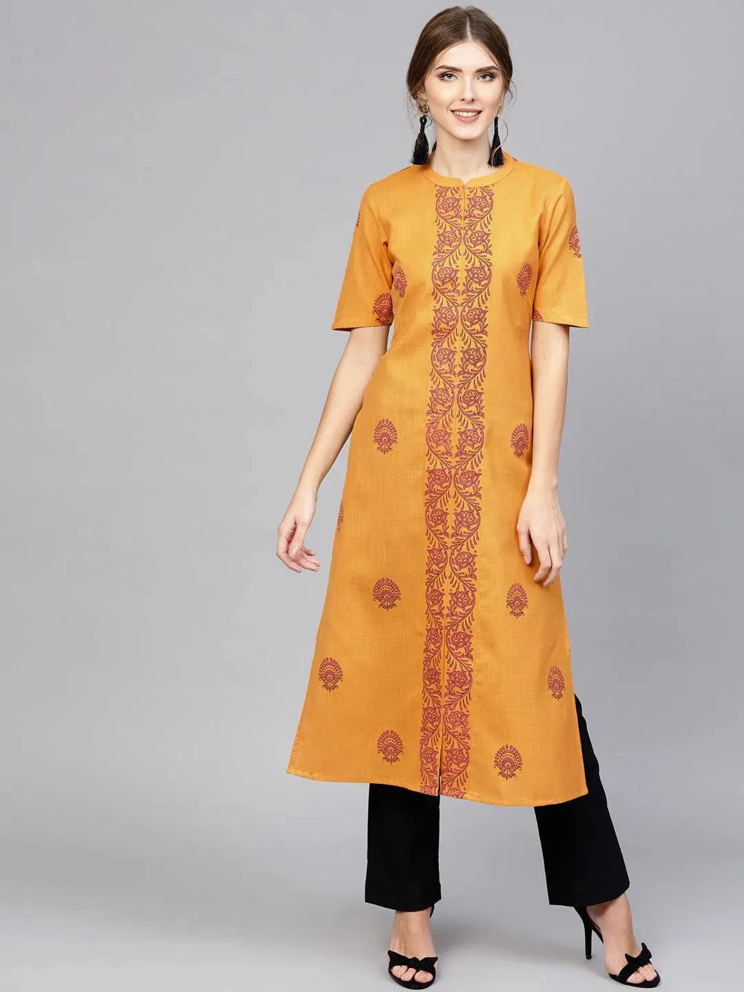 Anouk Yellow Printed Cotton Kurta