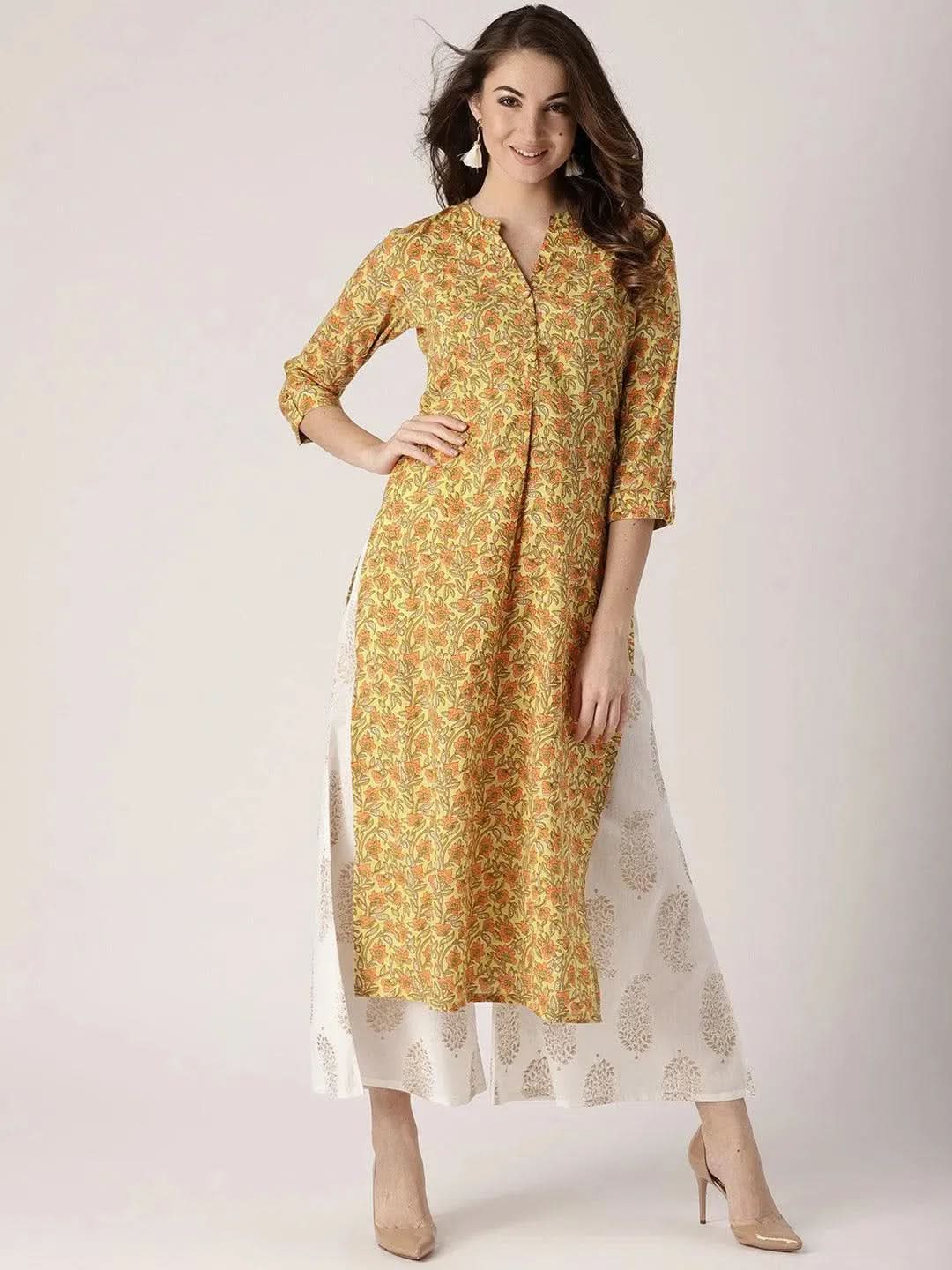 Anouk Yellow Printed Cotton Kurta