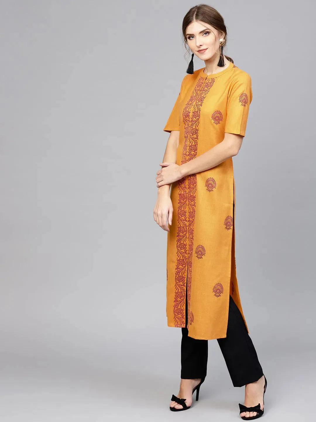 Anouk Yellow Printed Cotton Kurta