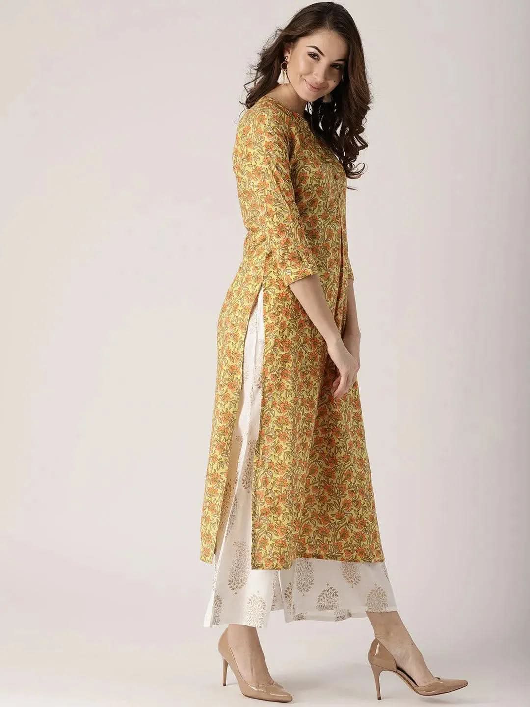 Anouk Yellow Printed Cotton Kurta