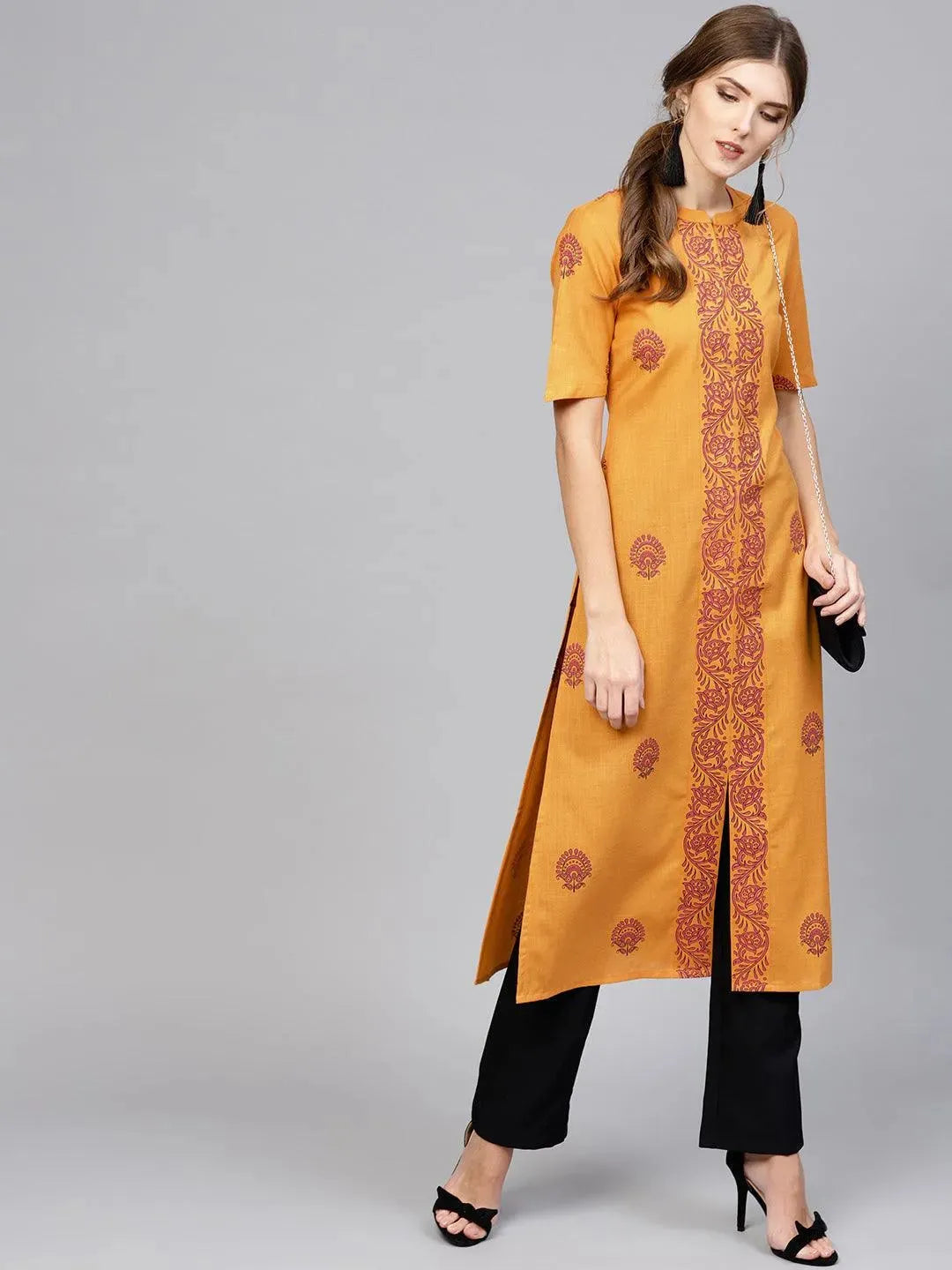 Anouk Yellow Printed Cotton Kurta