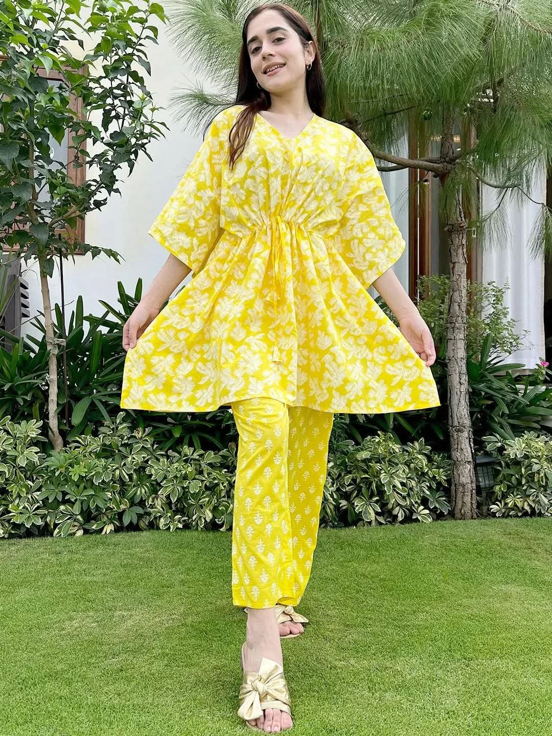 Anouk Yellow Printed Cotton Night Suit