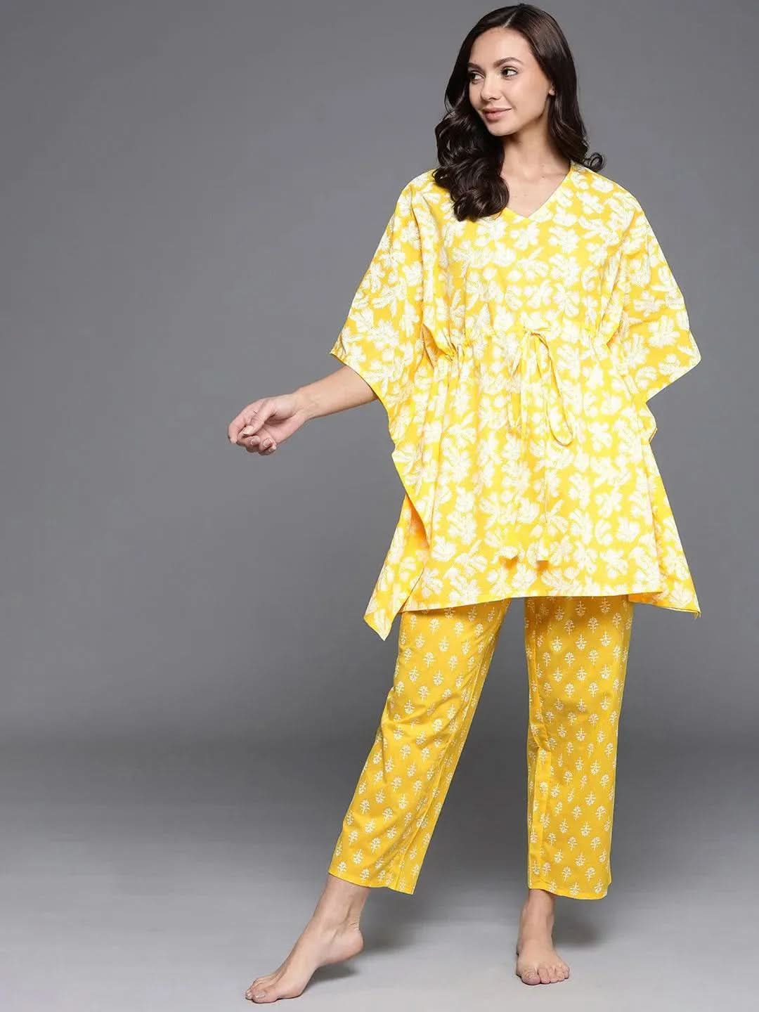 Anouk Yellow Printed Cotton Night Suit