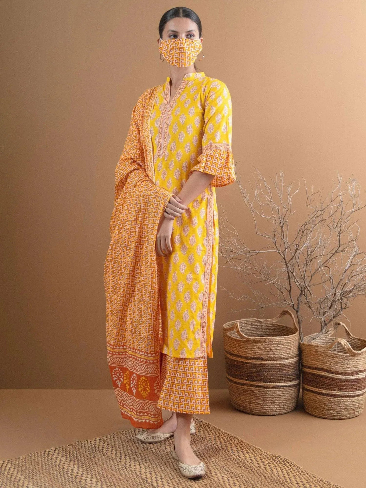 Anouk Yellow Printed Cotton Straight Kurta With Palazzos & Dupatta