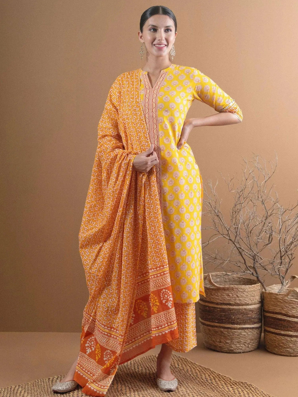 Anouk Yellow Printed Cotton Straight Kurta With Palazzos & Dupatta