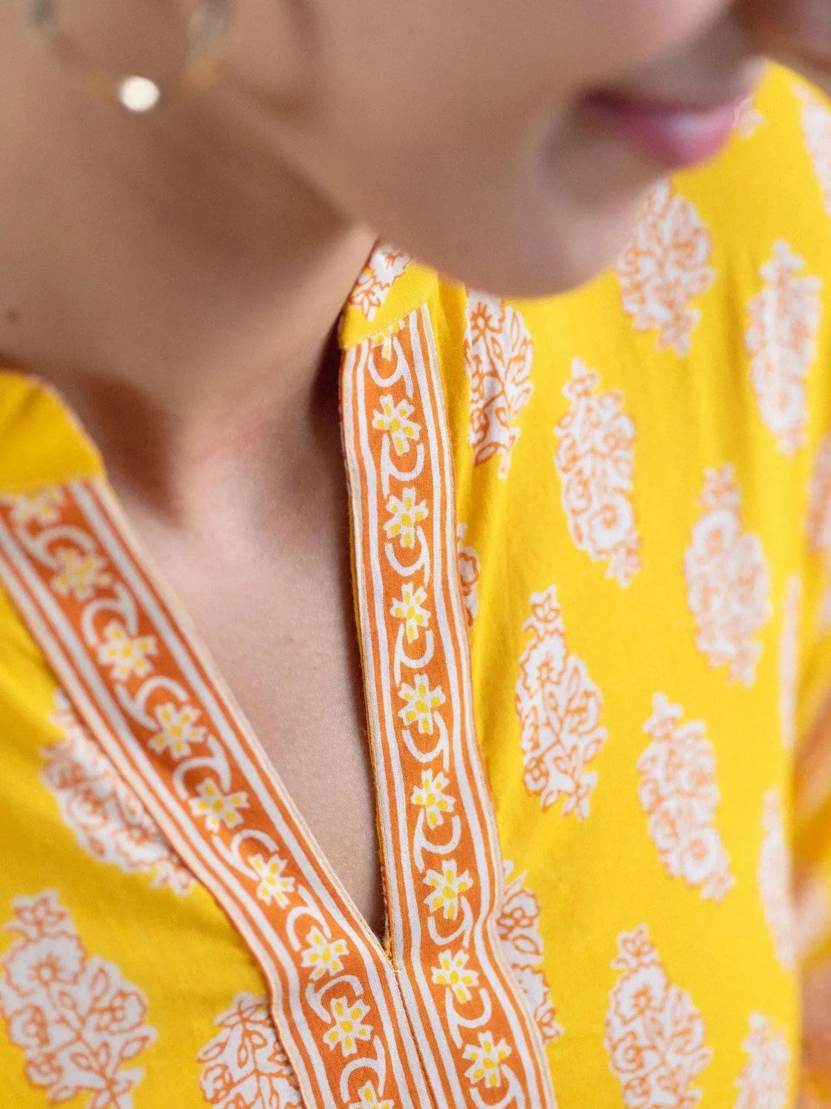 Anouk Yellow Printed Cotton Straight Kurta With Palazzos & Dupatta