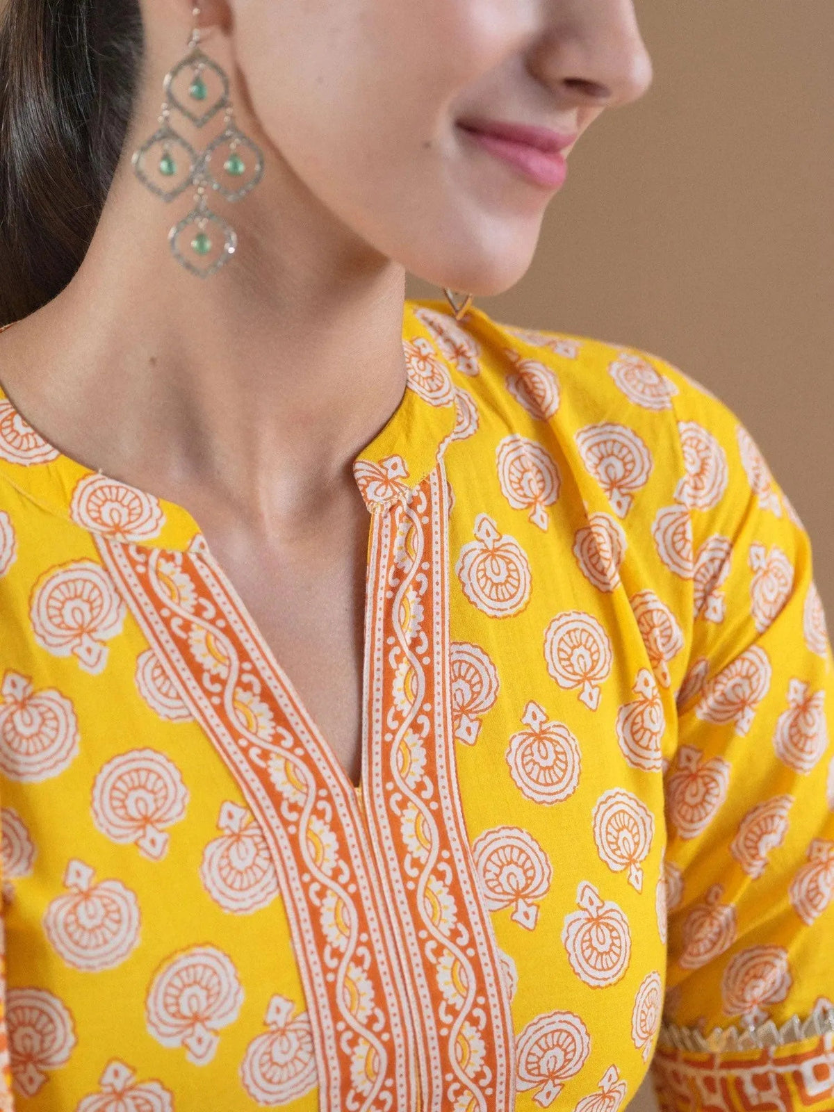 Anouk Yellow Printed Cotton Straight Kurta With Palazzos & Dupatta