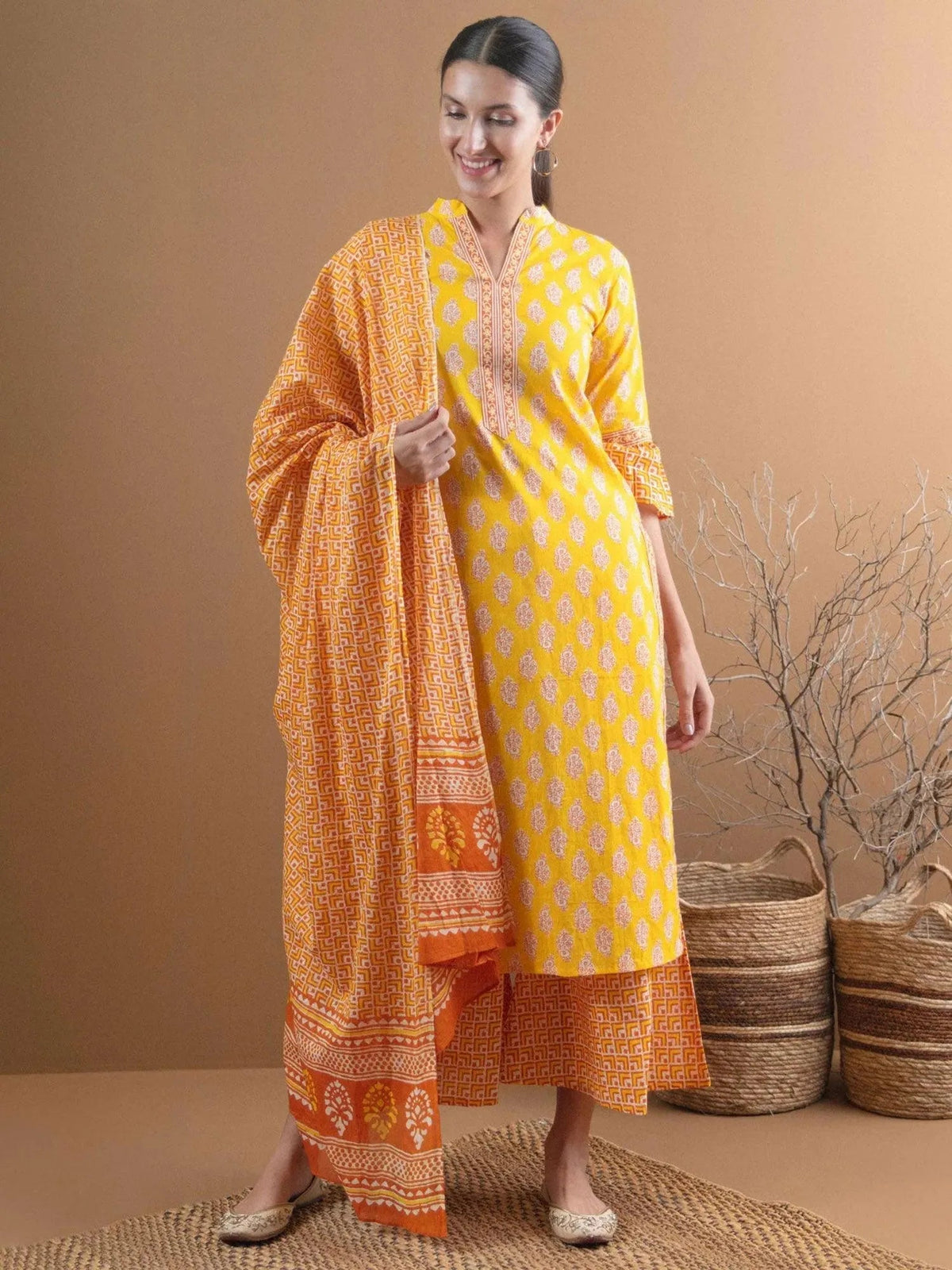 Anouk Yellow Printed Cotton Straight Kurta With Palazzos & Dupatta