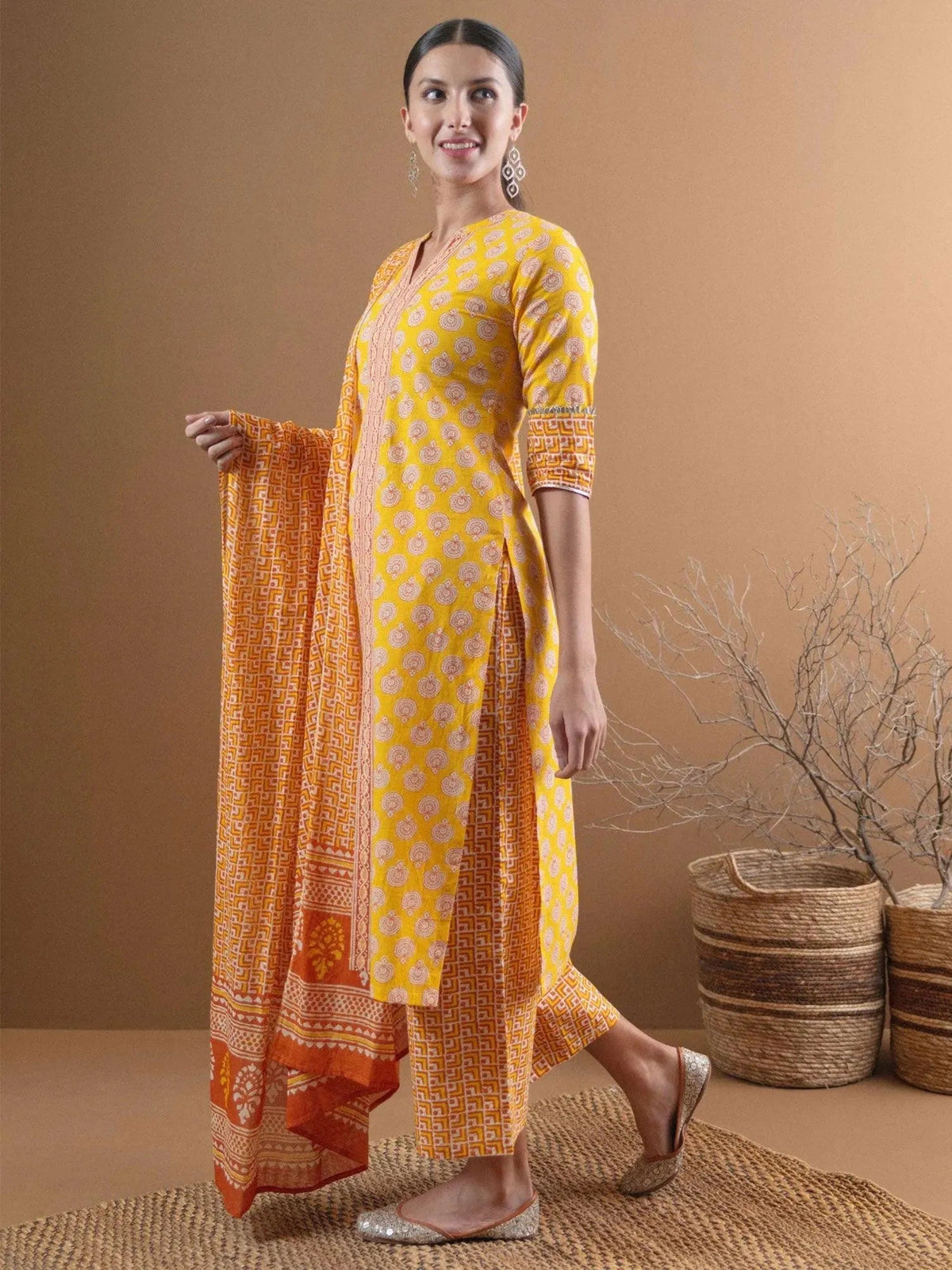 Anouk Yellow Printed Cotton Straight Kurta With Palazzos & Dupatta