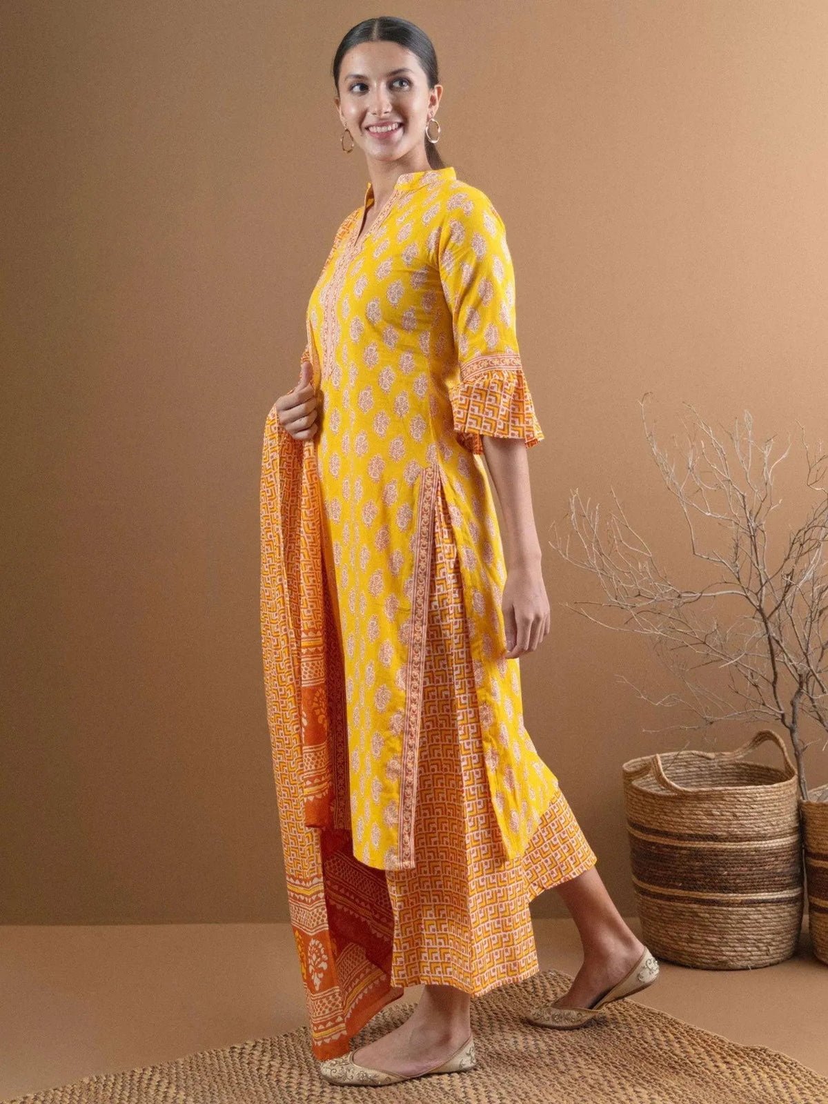 Anouk Yellow Printed Cotton Straight Kurta With Palazzos & Dupatta