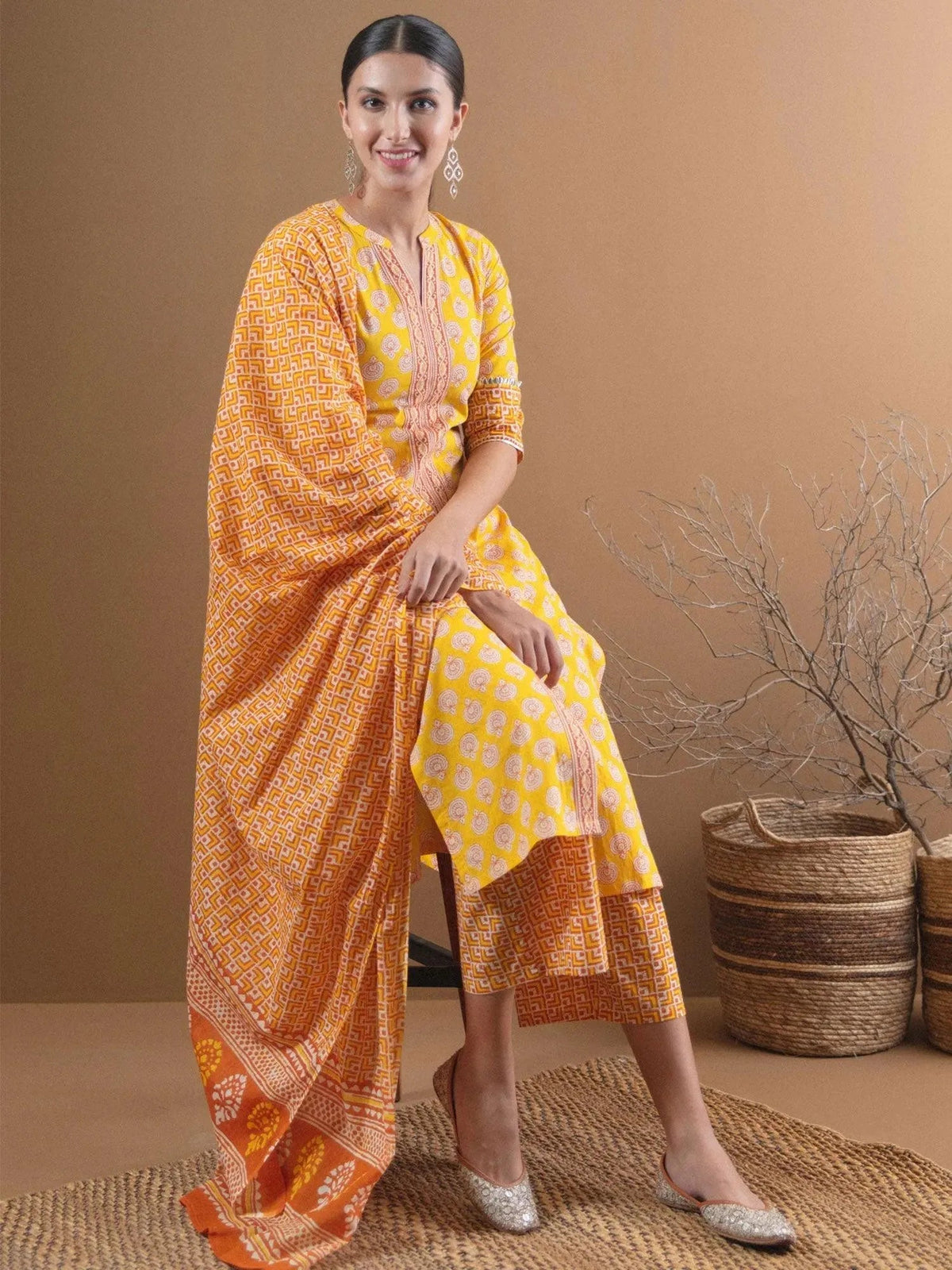 Anouk Yellow Printed Cotton Straight Kurta With Palazzos & Dupatta