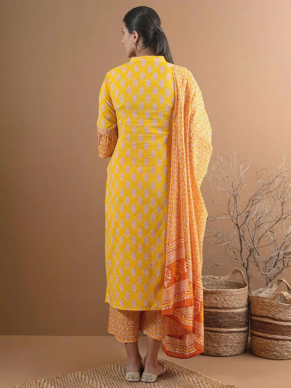 Anouk Yellow Printed Cotton Straight Kurta With Palazzos & Dupatta